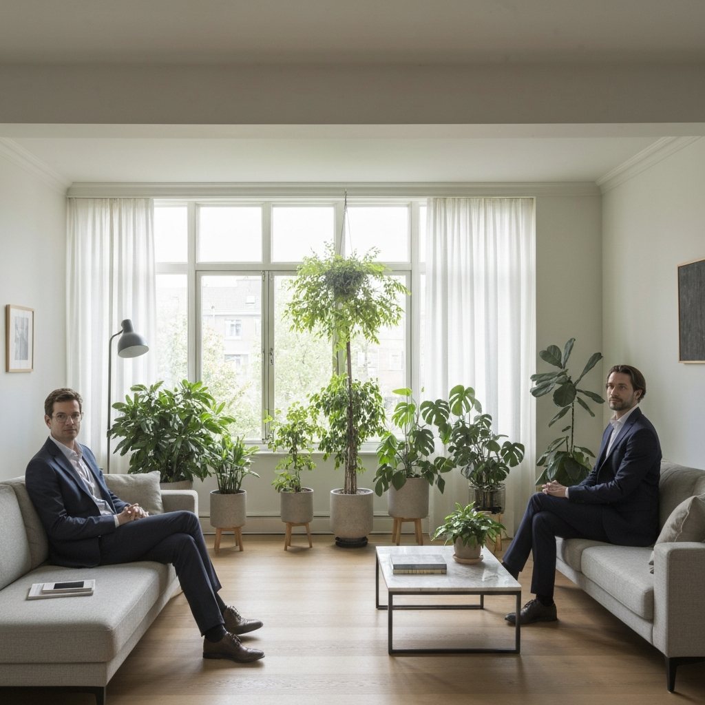 A brightly lit living room with a variety of thriving indoor plants. The plants are arranged in a stylish and aesthetically pleasing way, complementing the room's decor. Soft, natural light streams in through a large window.