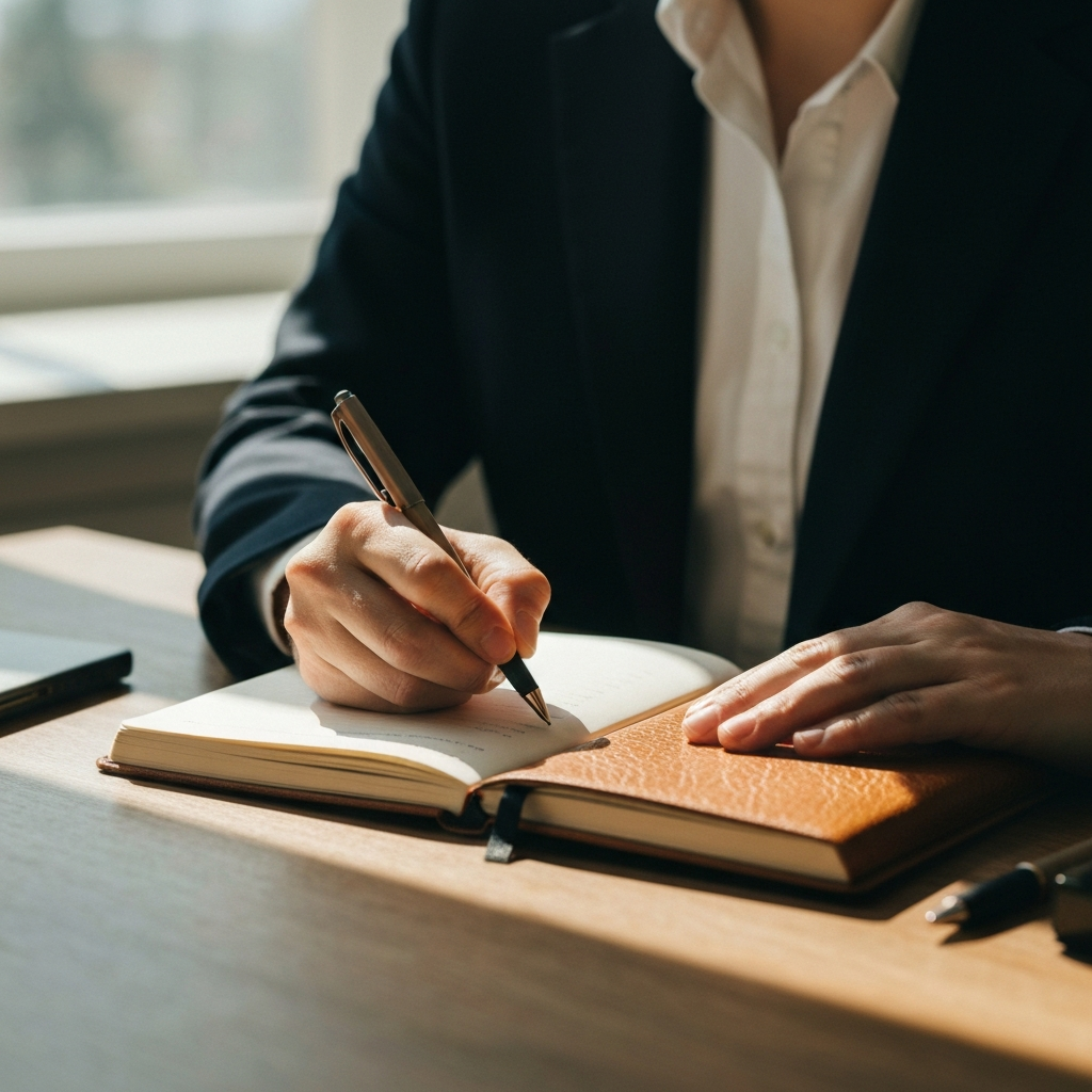 A close-up shot of a person's hands writing in a journal with soft, natural light streaming through a window. The journal has a textured, leather cover. A pen rests beside it.