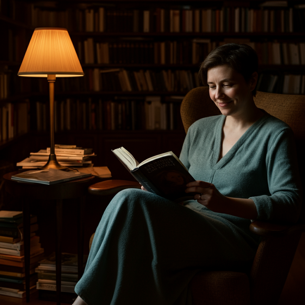 A person is sitting in a cozy armchair, surrounded by books, with a warm lamp casting a soft glow. They are smiling gently, holding a book open in their lap.