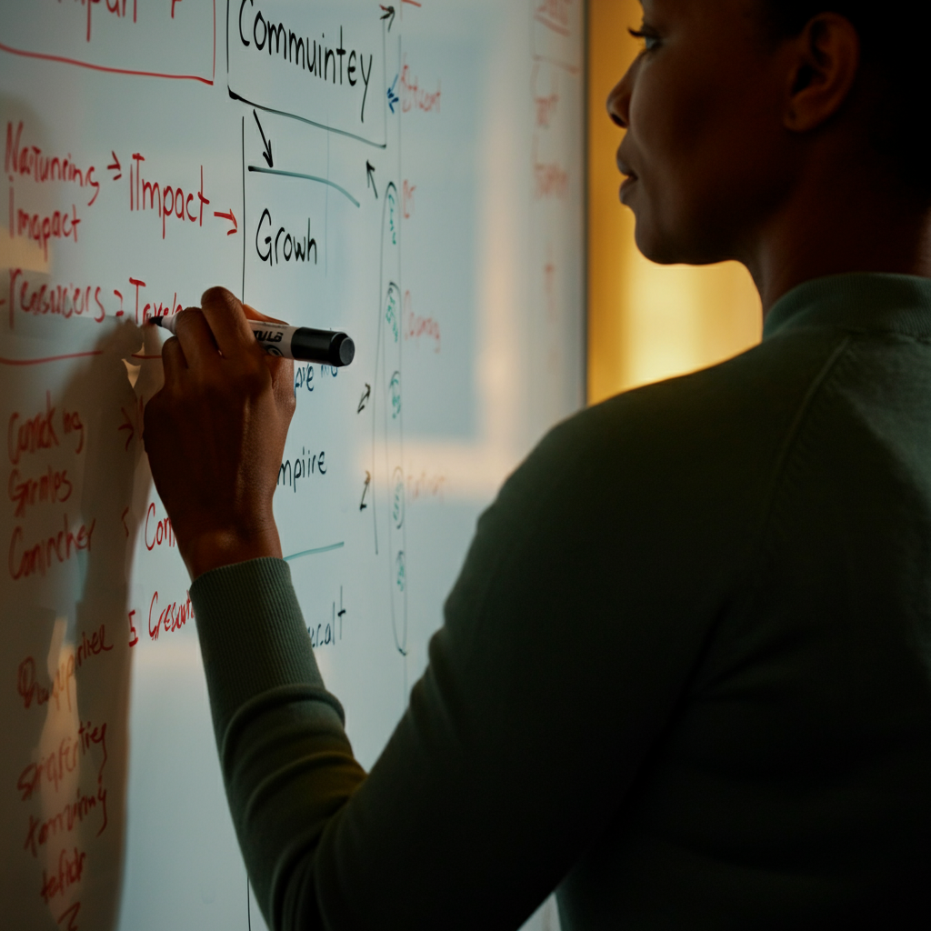 A person standing at a whiteboard in an office setting, writing down bullet points with a marker. The whiteboard is partially visible, showing words like "Impact," "Growth," and "Community". Soft, diffused lighting fills the room.