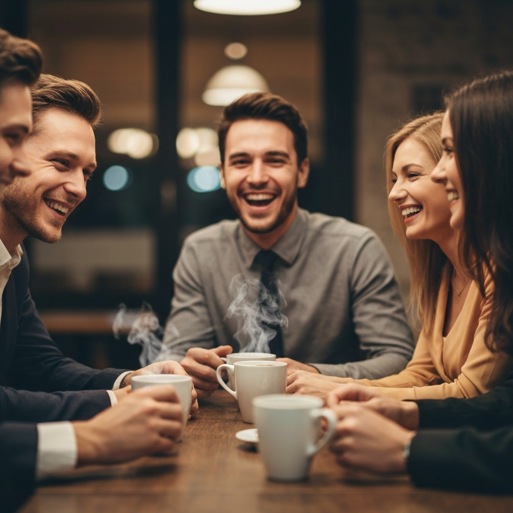 A group of friends gathered around a table in a warmly lit cafe. They are laughing and engaged in conversation, with steaming mugs of coffee in front of them. Soft bokeh in the background creates a sense of intimacy.