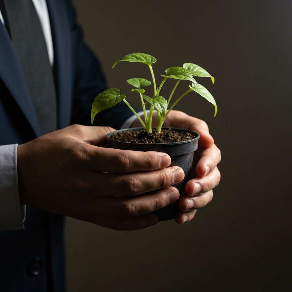 A close-up of hands holding a small, potted plant. The plant is slightly wilted, but there are signs of new growth. The hands are gently watering the plant. The lighting is soft and nurturing.