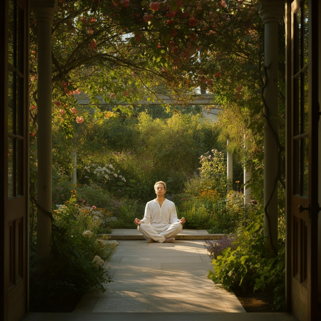 A person sitting in a peaceful garden, meditating with their eyes closed. The scene is bathed in golden hour light, with lush greenery and colorful flowers surrounding them. The air feels still and tranquil.