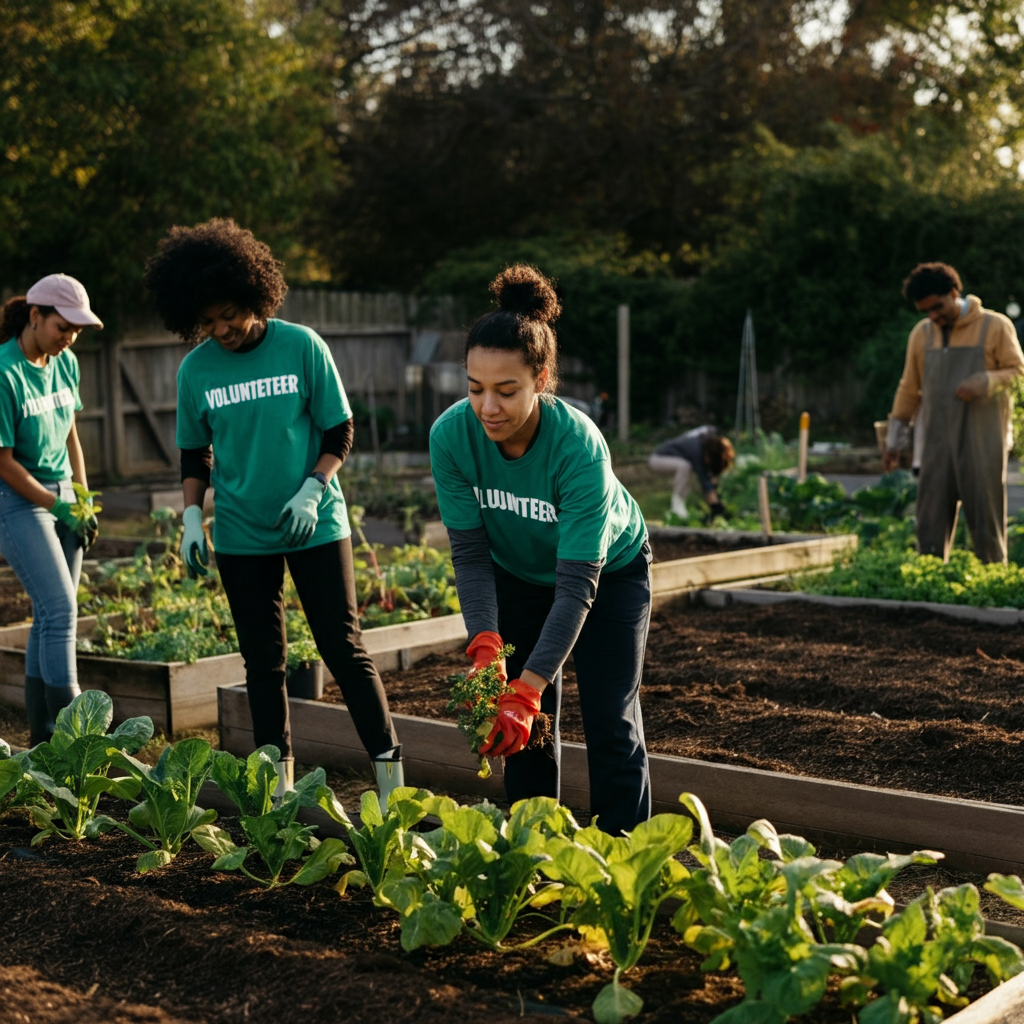 A person volunteering at a community garden, working alongside others to plant vegetables. The scene is brightly lit, with a sense of collaboration and shared purpose. The garden is filled with rows of plants and smiling faces.