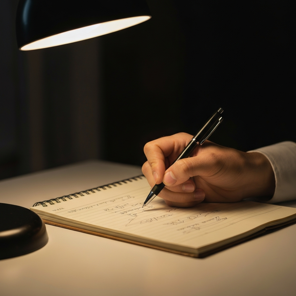 Close-up shot of a hand writing notes on a notepad with a pen, illuminated by a desk lamp. The notepad is slightly aged and shows previous scribbles. Soft, warm light with a shallow depth of field.