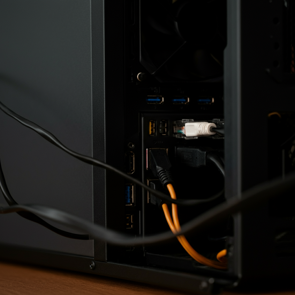 A close-up of various cables (USB, Ethernet, power) plugged into the back of a computer tower. The cables are neatly organized and the background is slightly blurred. Soft, diffused lighting highlighting the texture of the cables and ports.