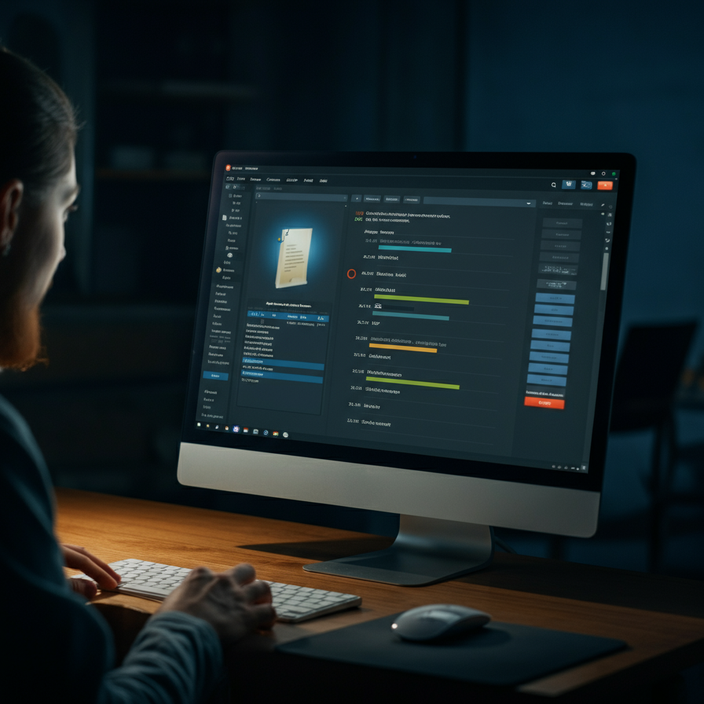 A computer screen displaying the interface of an antivirus software program. The screen shows a scan in progress with files being checked. The lighting is focused on the screen, with the surrounding room dimly lit.