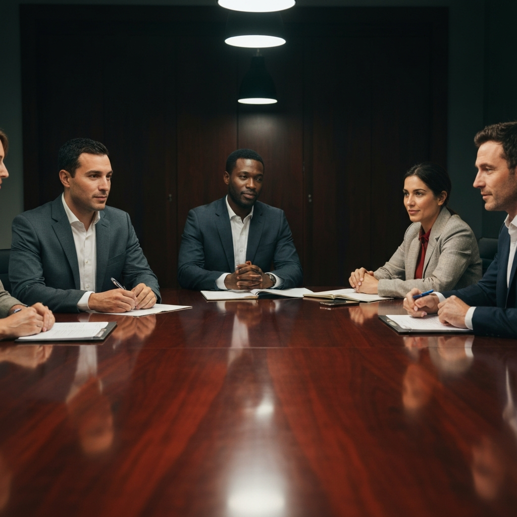 A diverse group of professionals sits around a polished conference table, bathed in the soft glow of overhead lighting. Side-lit textures on the table showcase mahogany grain. The focus is on their attentive expressions.