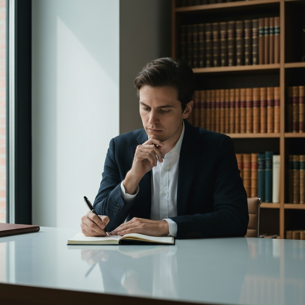 A person sits at a clean, minimalist desk, bathed in soft natural light from a nearby window. They are writing on a notepad, a pen resting thoughtfully against their chin. The background features a blurred bookshelf with leather-bound books.