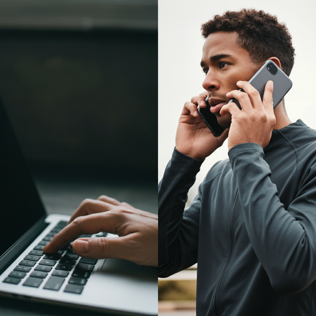 A split shot showing two hands. On the left, a hand is carefully typing on a laptop keyboard. On the right, a hand is holding a smartphone to their ear. Soft bokeh creates a sense of depth.