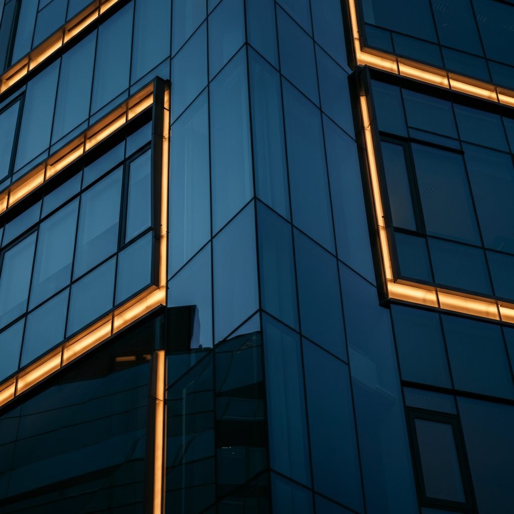 An architectural detail of a modern office building. The geometric lines of the structure are highlighted by the golden hour lighting. The glass reflects the clear blue sky.
