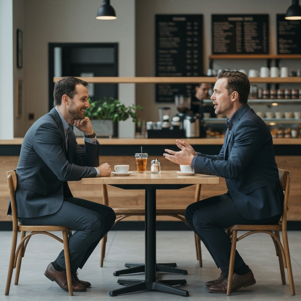 Two people sit across from each other at a small cafe table. One person is actively listening, leaning forward with a slight smile. The other person is speaking, gesturing with their hands. The background features a blurred coffee shop scene.