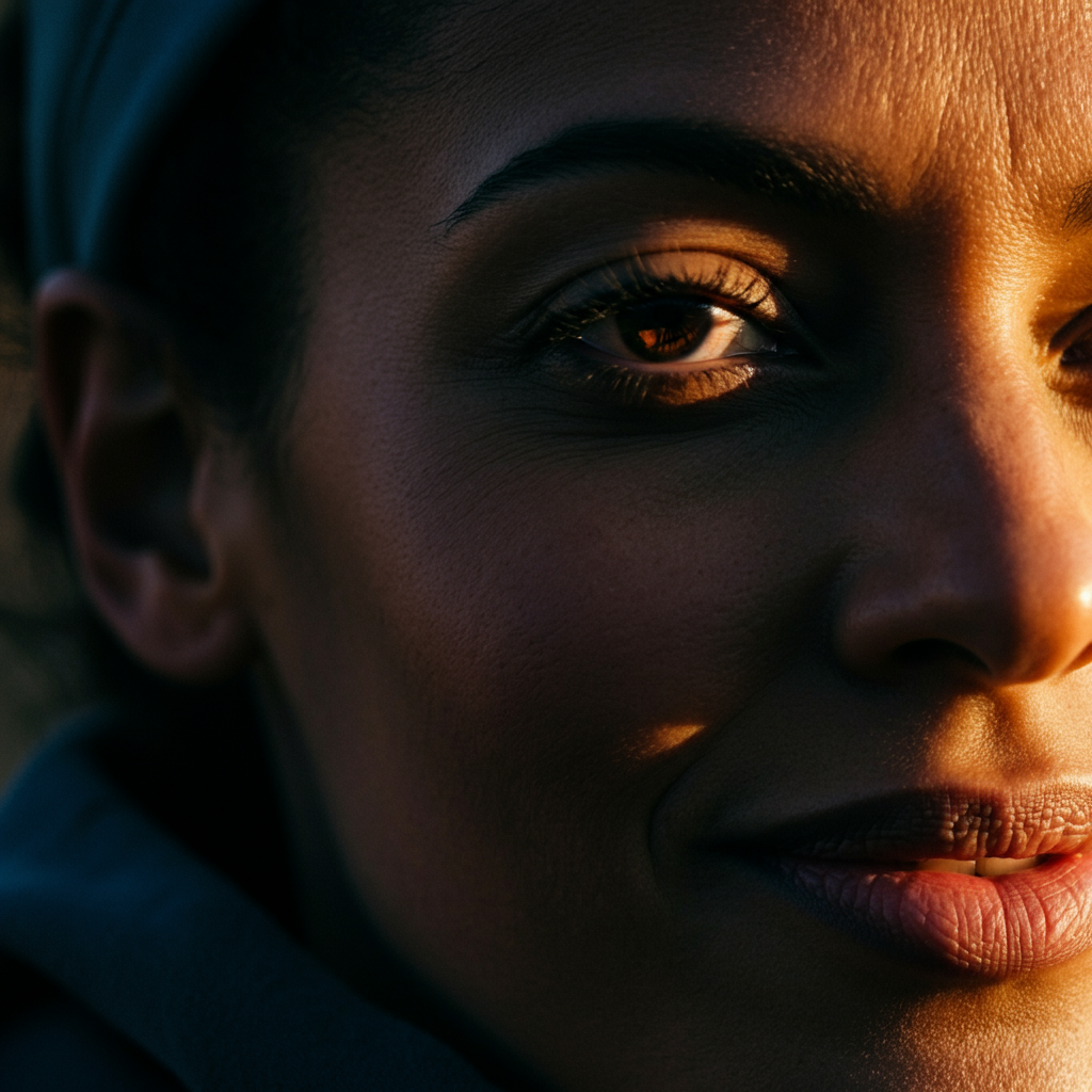 A tight close-up of a person's face, focusing on their eyes and mouth. Their expression is warm and inviting, with a slight smile. Soft lighting emphasizes the natural textures of their skin.