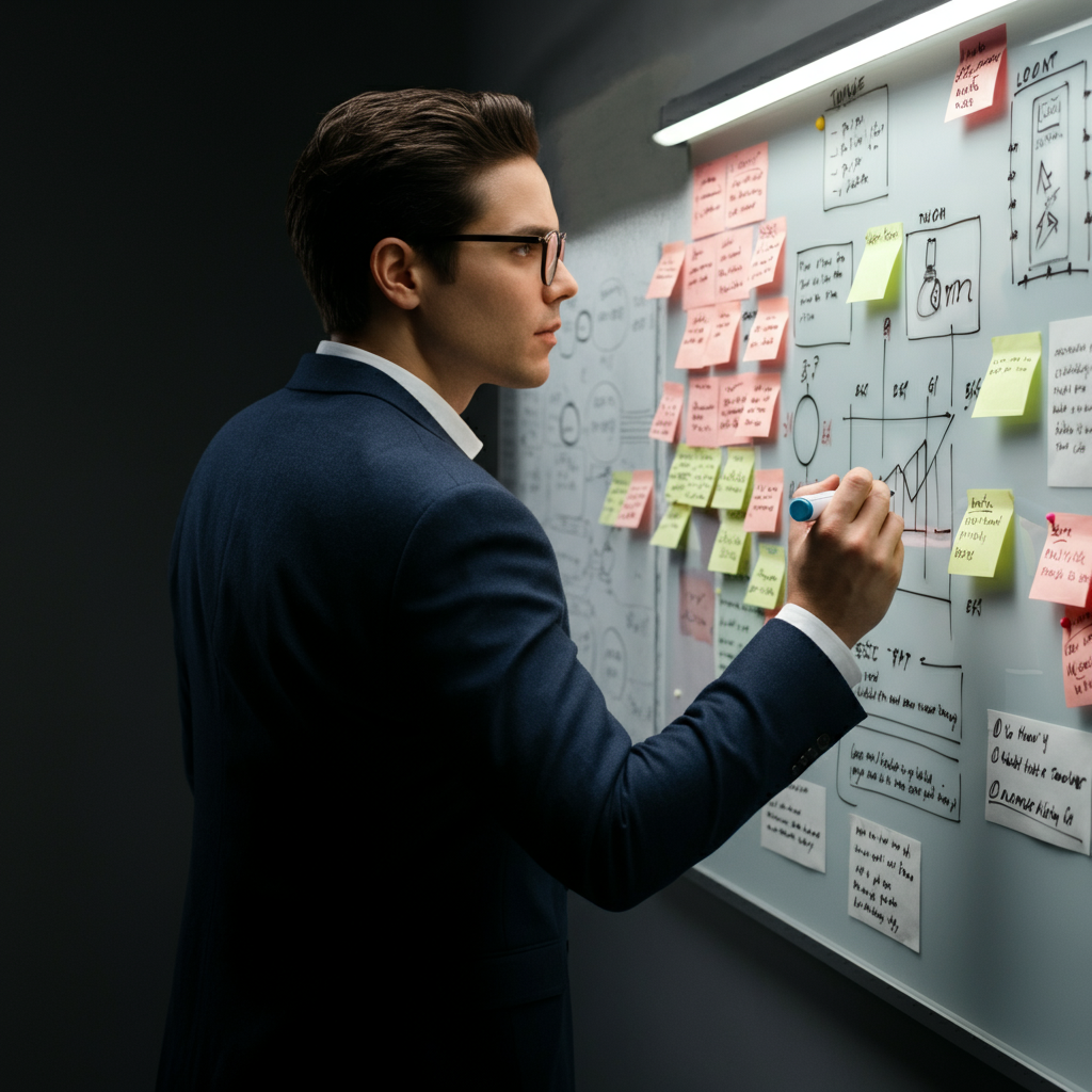 A person stands in front of a whiteboard covered in notes and diagrams. They are holding a marker and looking thoughtfully at the board. The lighting is bright and even, highlighting the details of the notes.
