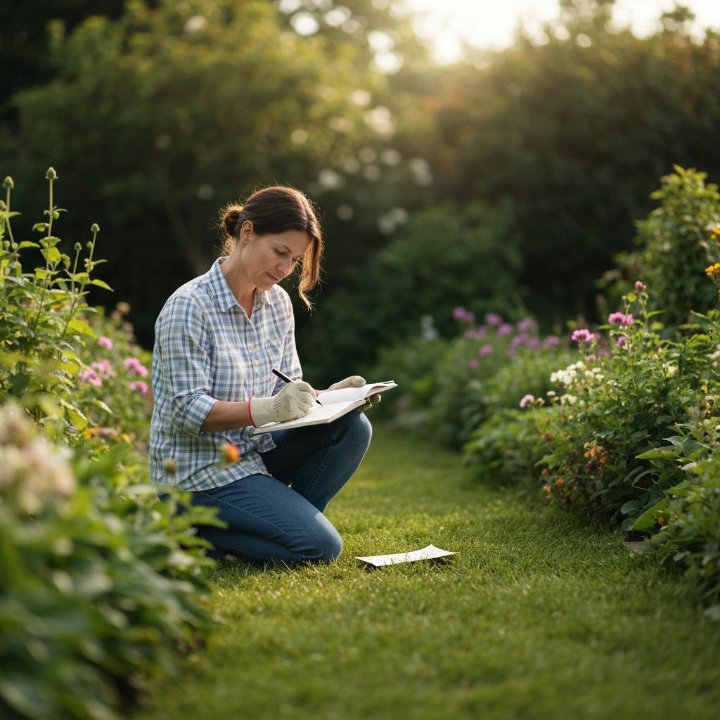 A person wearing gardening gloves kneels in a sun-dappled backyard, sketching a garden plan in a notebook. The surrounding garden is a mix of green foliage and colorful blooms. Soft bokeh in the background.
