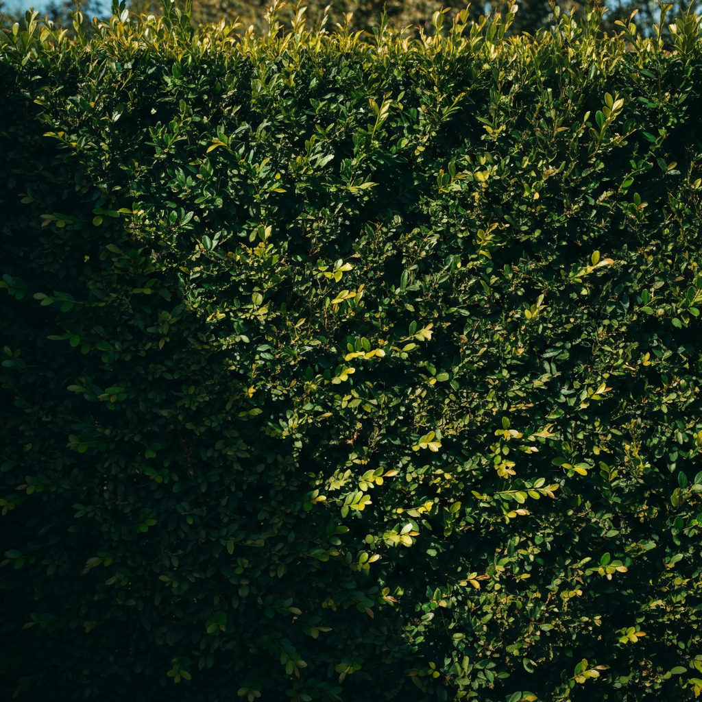 A verdant living fence made of dense shrubs, illuminated by dappled sunlight. The texture of the leaves is highlighted, creating a sense of depth and natural privacy.