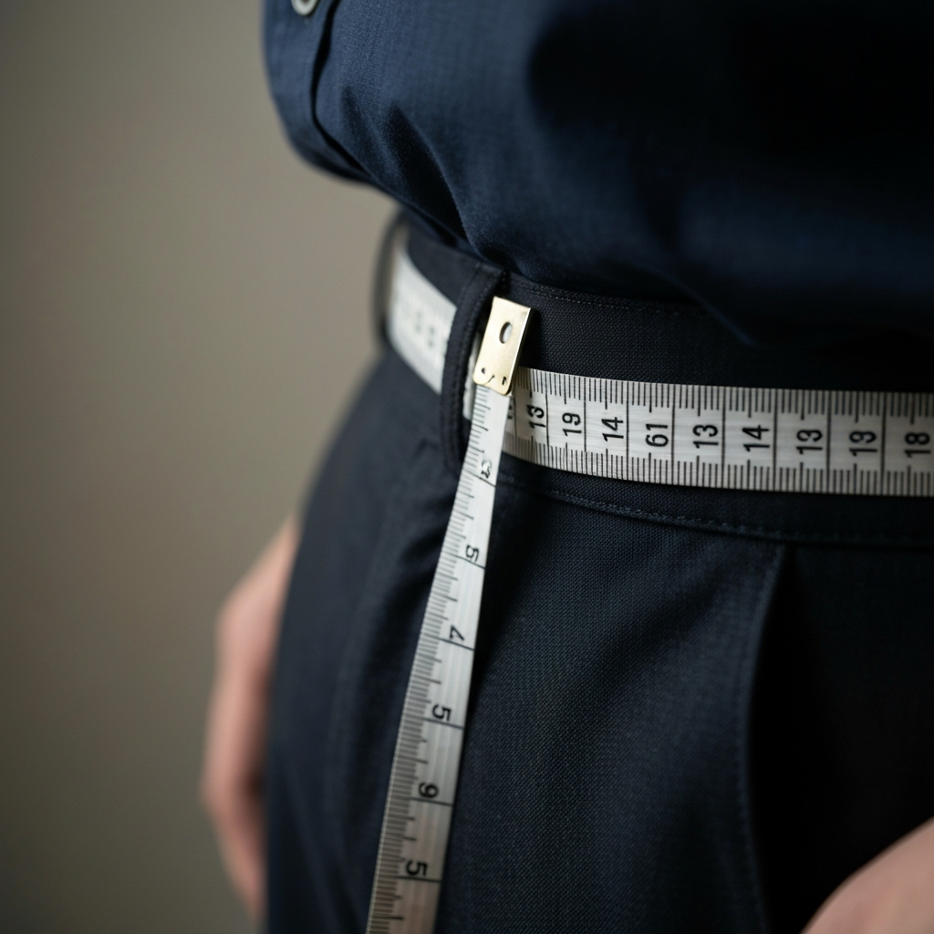 Close-up of a measuring tape resting on a man's waist. Soft, diffused light illuminates the tape, emphasizing the texture of the fabric and the metallic details of the measure. The background is a blurred, neutral color.