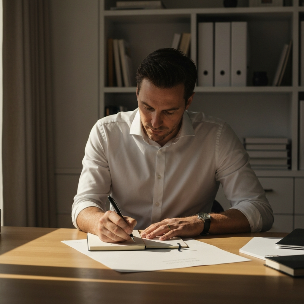 A man sitting at a desk, writing in a journal with a pen. Golden hour light streams through a window, casting warm shadows on the desk and highlighting the texture of the paper. The background shows a neatly organized home office.