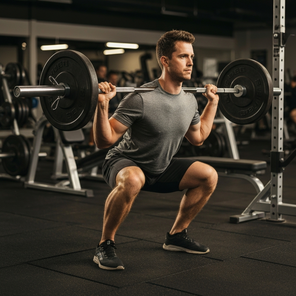 A man performing a squat with a barbell in a well-lit gym. The focus is on his posture and the controlled movement of the exercise. The background shows other gym equipment and blurred figures.