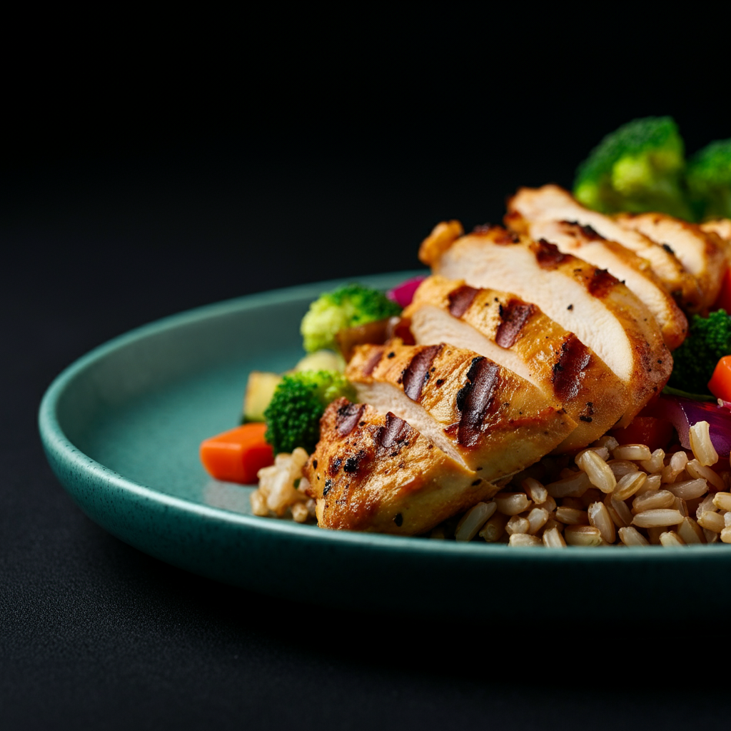 A close-up shot of a colorful and healthy meal consisting of grilled chicken, brown rice, and mixed vegetables. Soft side lighting emphasizes the textures and vibrant colors of the food.