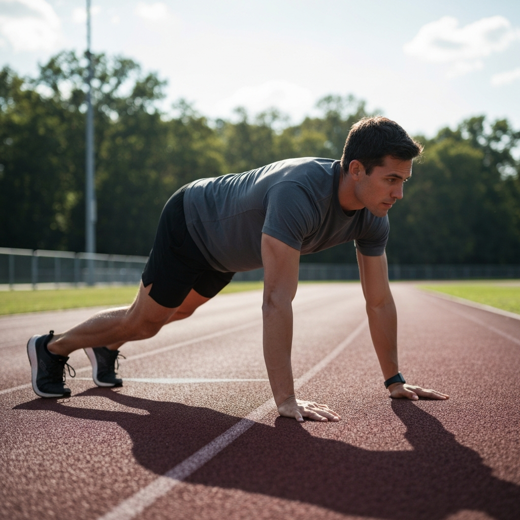 A man performing mountain climbers outdoors on a track. He's wearing athletic clothing and the background features a blurred track and trees under a bright sky.