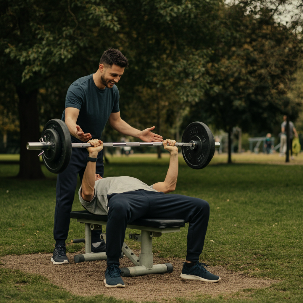Two men working out together in a park, one spotting the other during a bench press exercise. They are both smiling and appear to be encouraging each other. The background shows greenery and other park users.