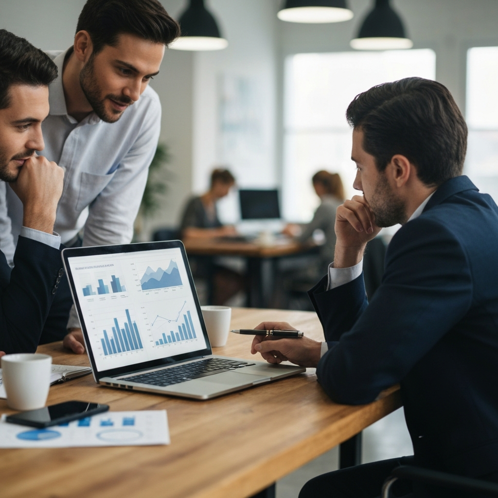 A brightly lit, modern office space. Two people are collaborating at a large wooden table, reviewing customer demographic data displayed on a laptop. One person points to a graph while the other nods thoughtfully. Soft bokeh in the background shows blurred office activity.