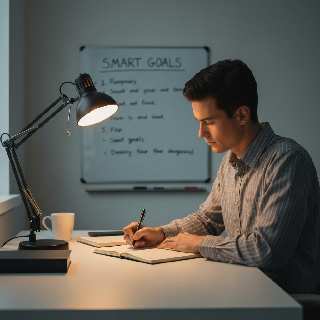 A person sits at a desk, illuminated by the warm glow of a desk lamp. They are writing in a notebook, a pen in hand, with a determined expression. A whiteboard behind them displays a list of SMART goals.