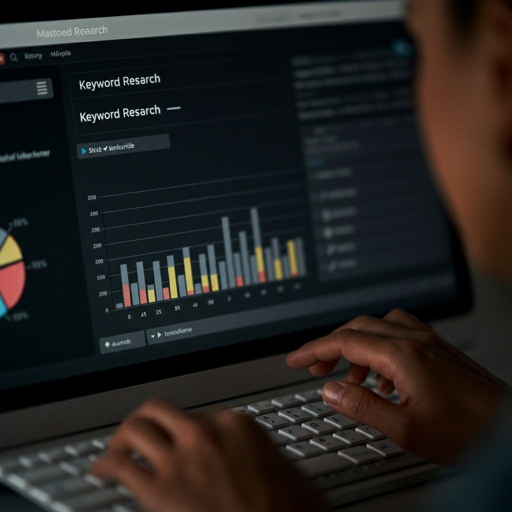 Close-up shot of a computer screen displaying keyword research results. The screen is filled with data, graphs, and charts. The light from the screen reflects in the person's focused eyes. The keyboard is slightly out of focus in the foreground.