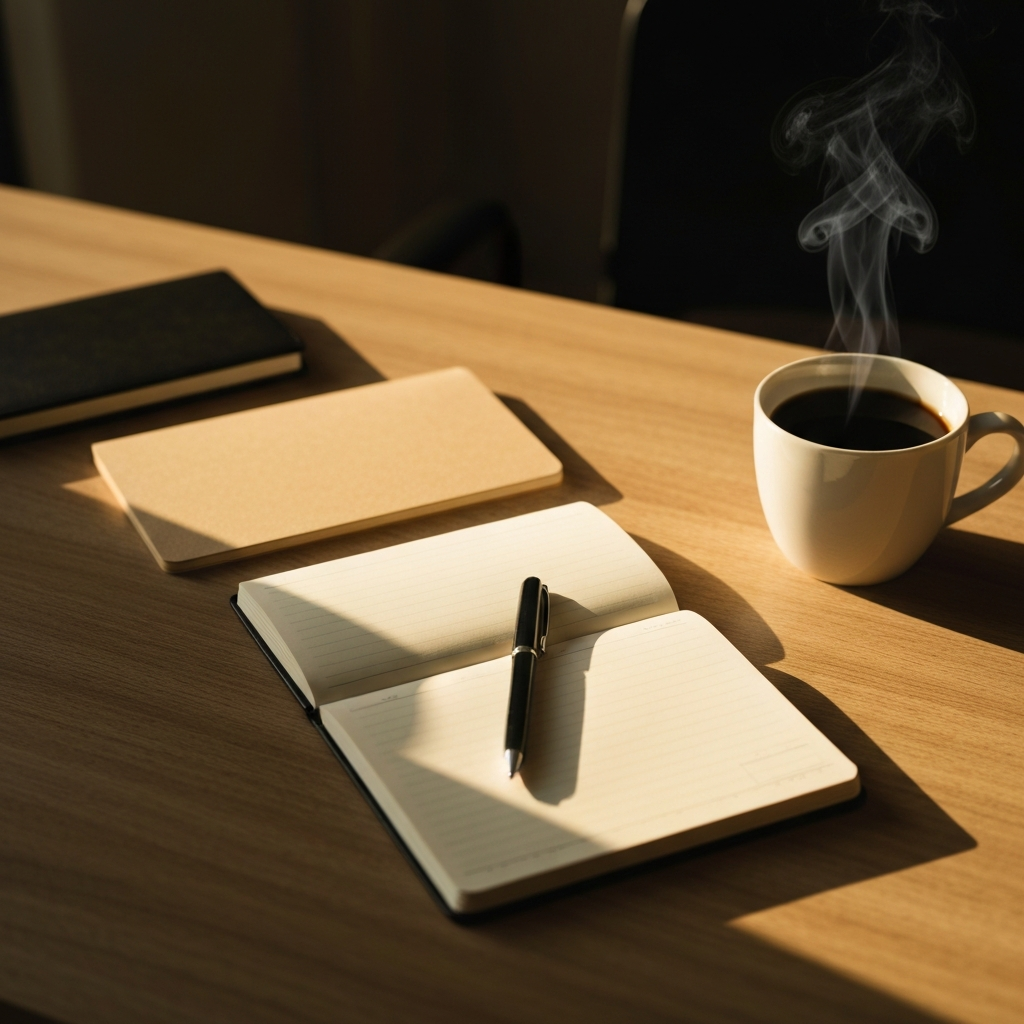 A well-organized writing desk with a notebook and pen prominently displayed. A steaming mug of coffee sits beside the notebook. Golden hour lighting illuminates the scene, casting warm shadows.