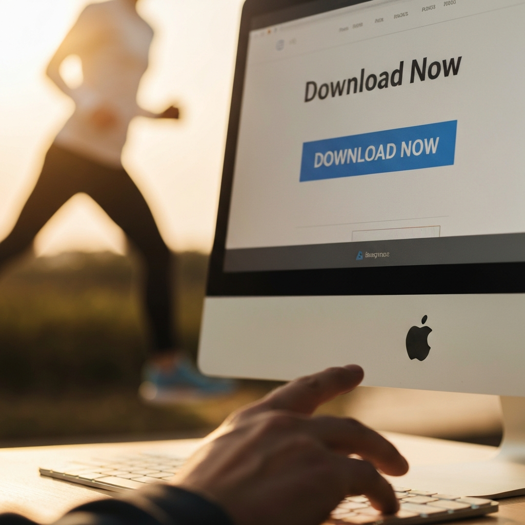 A close-up shot of a computer screen displaying a website with a prominent "Download Now" button. The button is brightly colored and stands out against the background. The person's finger is hovering over the mouse button.