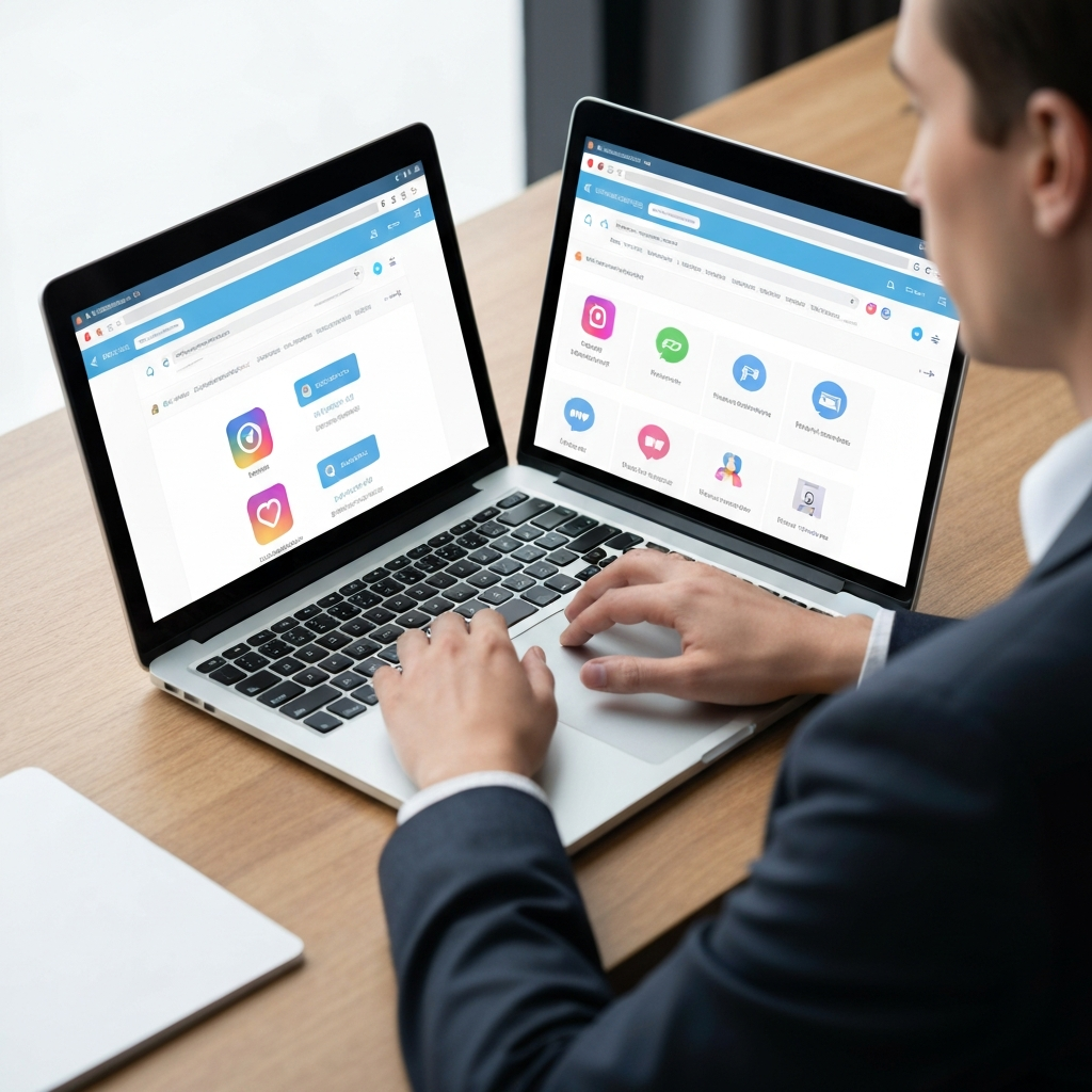 A person sitting at a desk, managing social media accounts on a laptop. Multiple browser tabs are open, each displaying a different social media platform. The person is typing and clicking, actively promoting content.