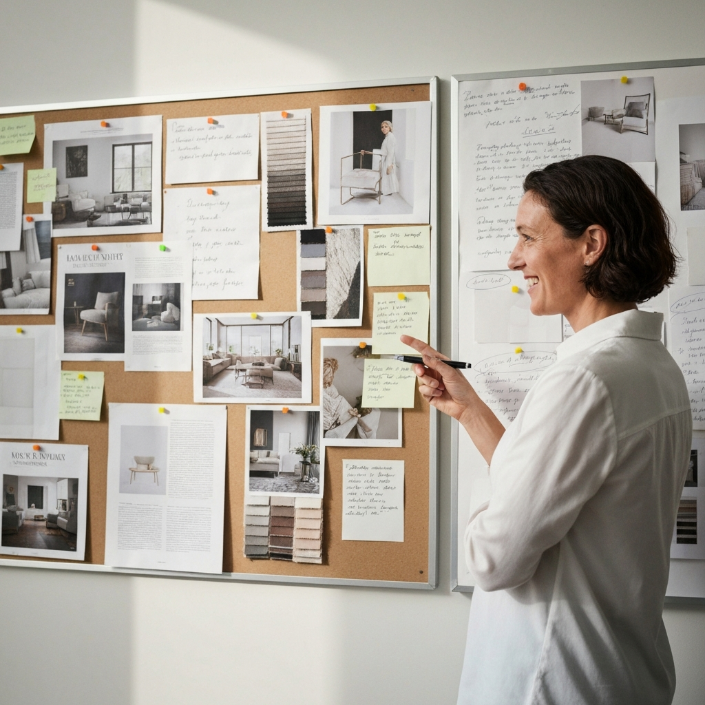 A person standing in front of a large pinboard covered with magazine clippings, fabric swatches, and handwritten notes. The pinboard is well-lit, and the person is smiling thoughtfully, gesturing towards a particular image with a pen. Depth of field is shallow, blurring the background.