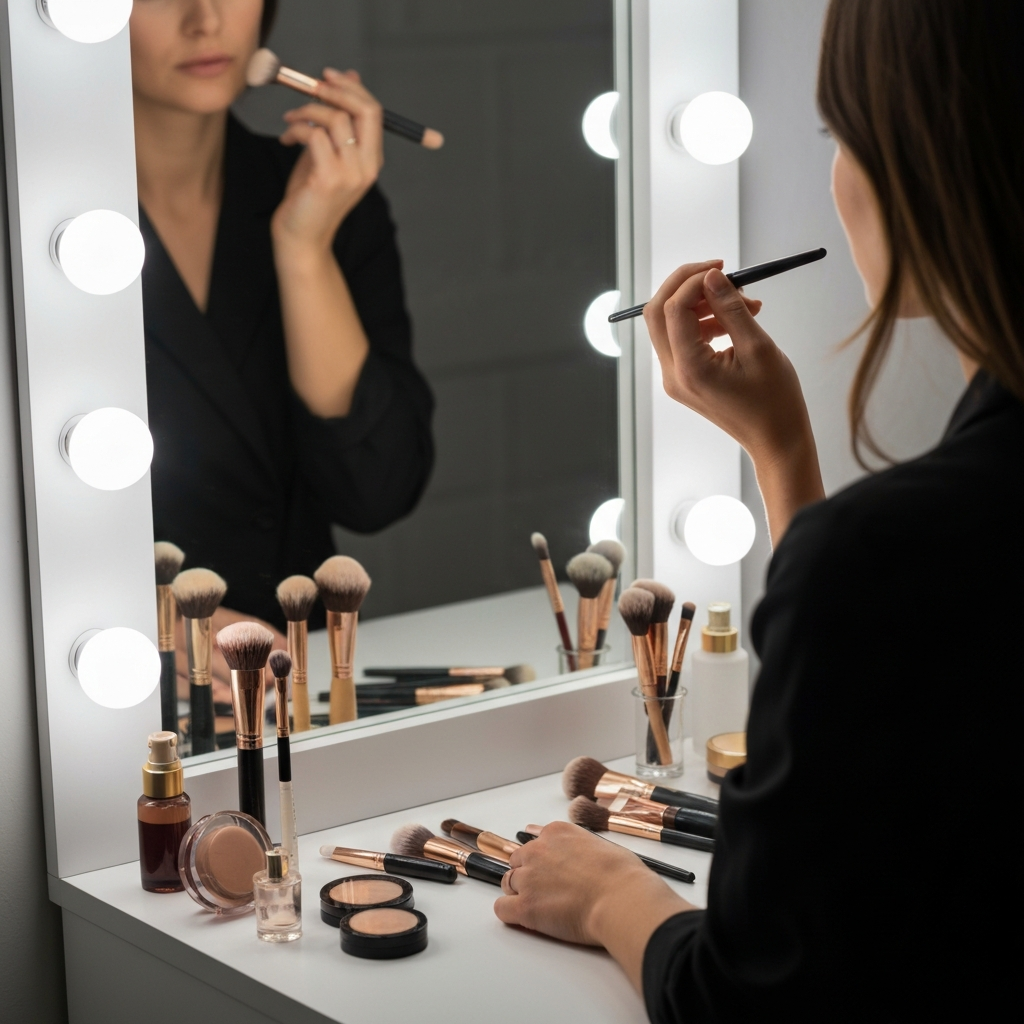 A person applying makeup in front of a vanity mirror. The vanity is well-lit with soft, flattering light. A variety of makeup brushes and products are arranged neatly on the vanity. Focus on the person's hands and the application of the makeup.