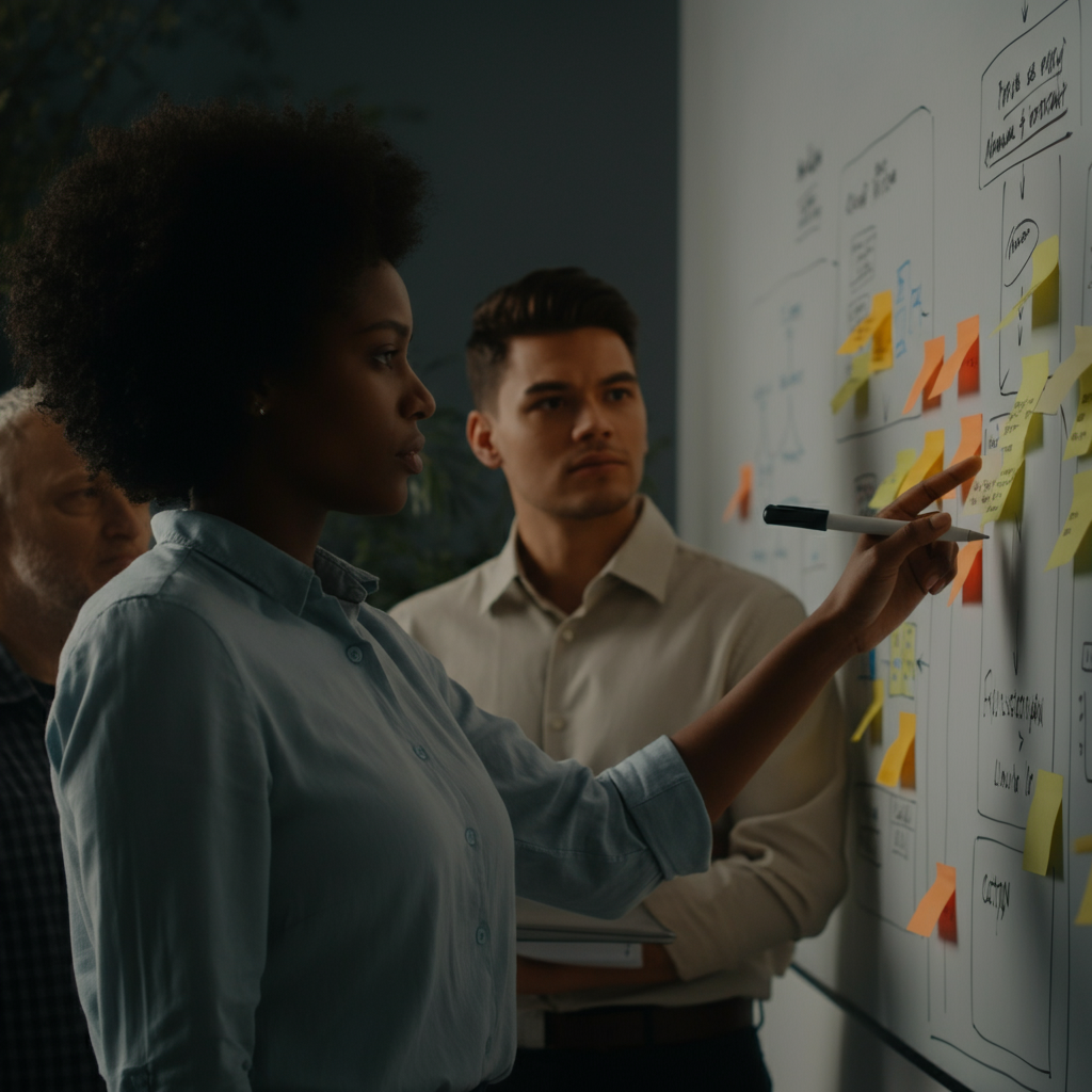 A diverse group of people collaborating on a project in a brightly lit, modern office space. They are engaged in a discussion, with one person gesturing towards a whiteboard covered in notes and diagrams. The atmosphere is collaborative and positive.