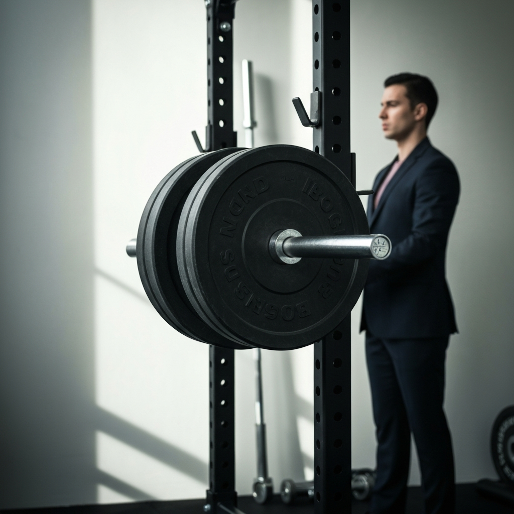 A power rack with a barbell loaded with weight plates. The scene is side-lit, highlighting the texture of the steel and the rubber of the plates. Soft bokeh in the background.
