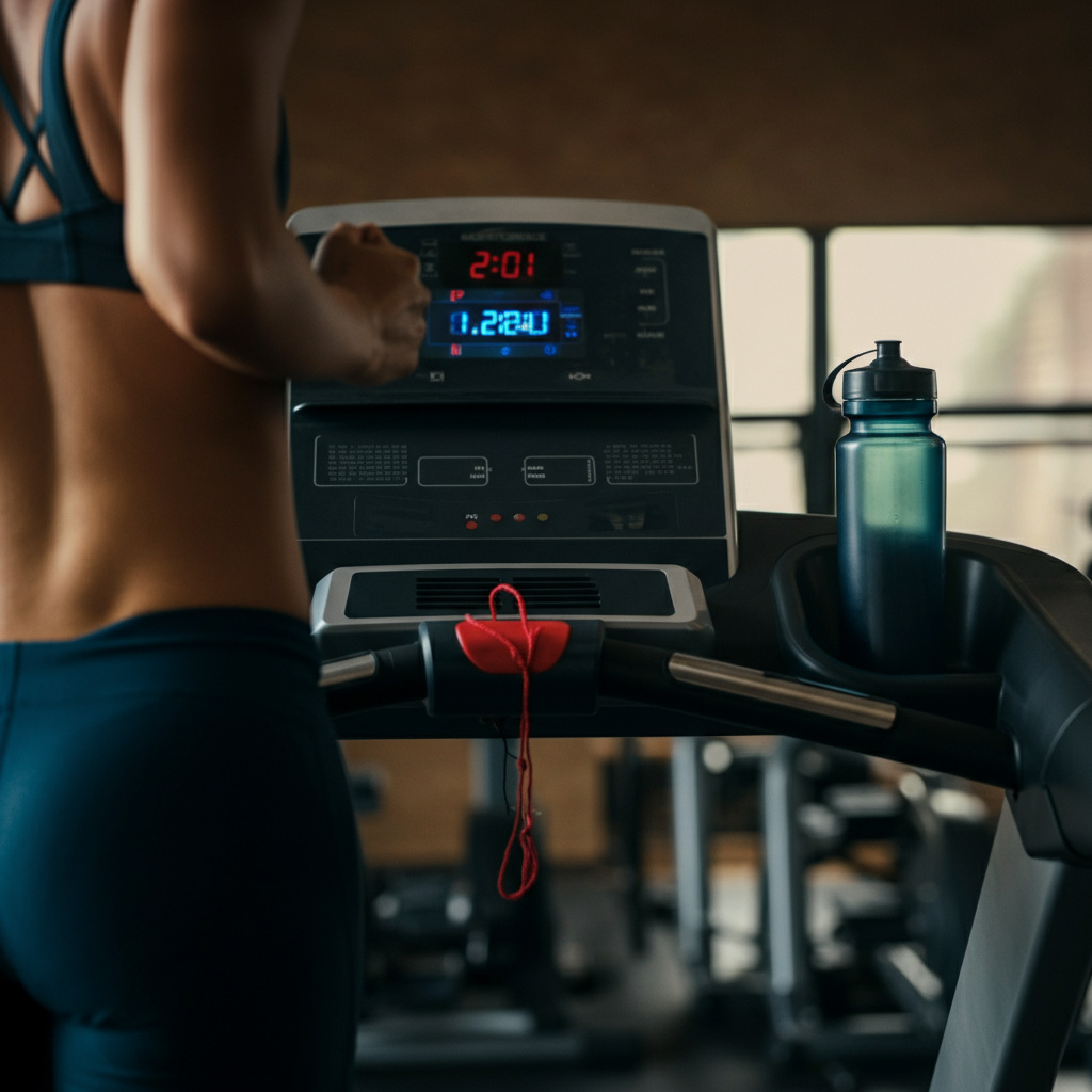 A person running on a treadmill, slightly blurred to indicate motion. The focus is on their legs and the digital display showing speed and time. A water bottle is placed on the console.