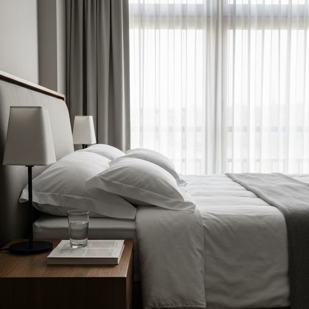 A bedroom with soft, natural light filtering through sheer curtains. A bed with crisp white linens is neatly made. A bedside table holds a glass of water and a book.