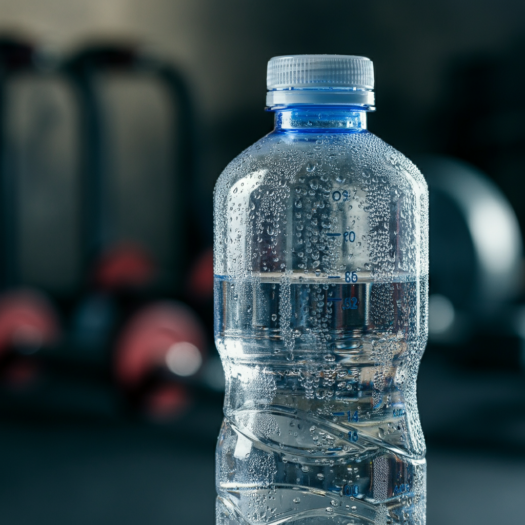 A close-up shot of a clear water bottle with condensation droplets on the outside. The background is blurred, with a hint of a workout environment.