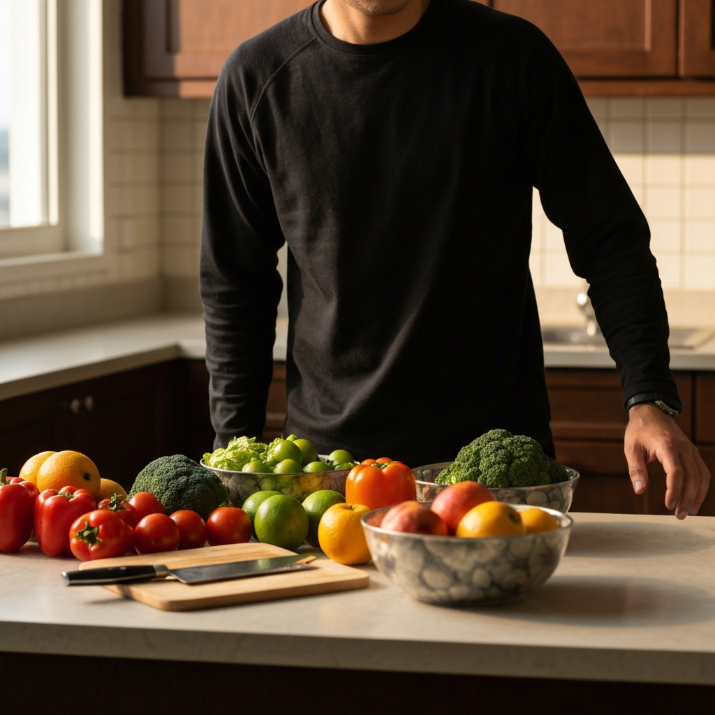 A kitchen counter filled with colorful fruits and vegetables. The lighting is bright and natural. A cutting board with a knife is also visible.