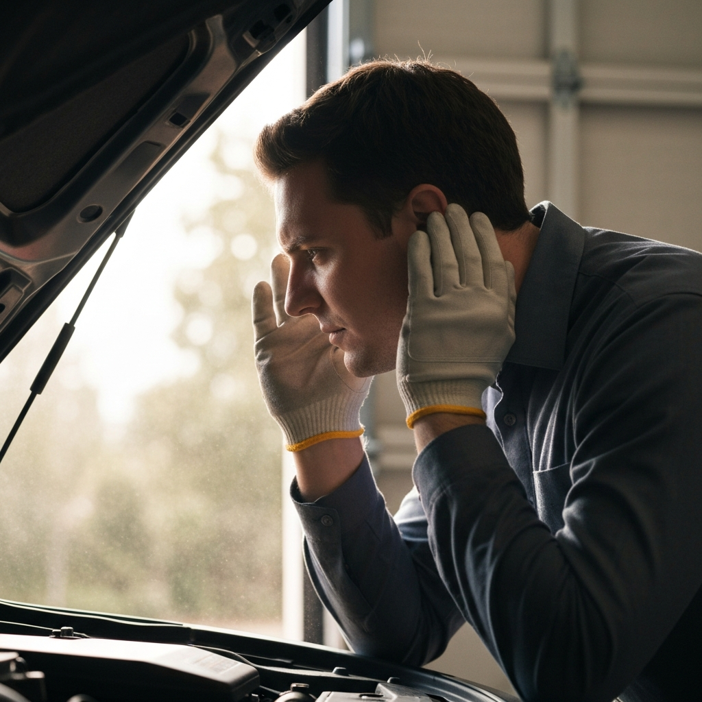 A person in a garage, ear close to the open hood of a car, listening intently. Soft, natural light streams in from the open garage door, illuminating dust motes in the air. The person is wearing clean work gloves.