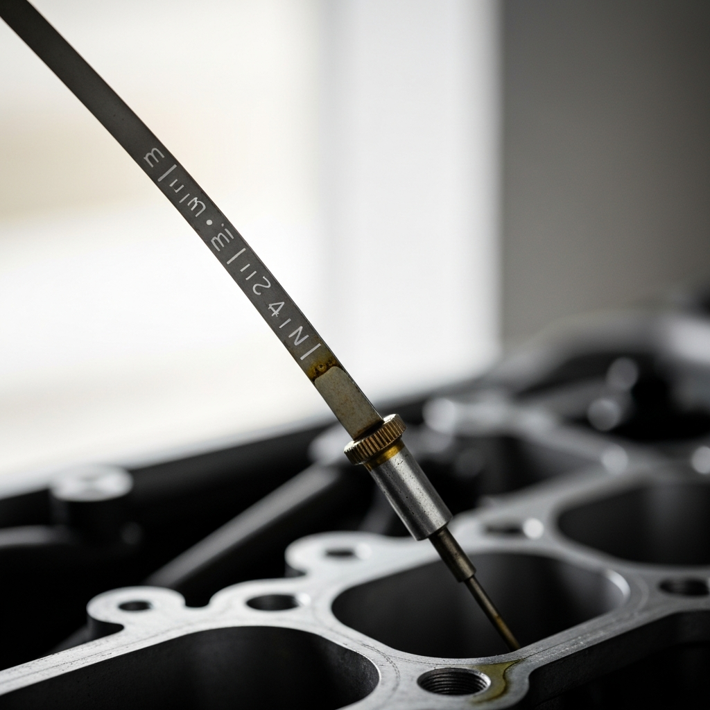 Close-up shot of a dipstick being withdrawn from an engine. The dipstick is metallic and slightly oily, with clear markings for minimum and maximum levels. The background is blurred, showing parts of the engine block.