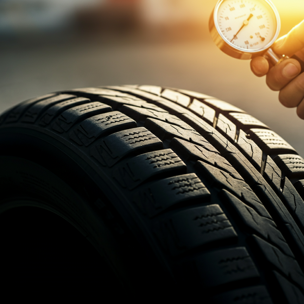 A close-up, low-angle shot of a tire with deep tread, side-lit to emphasize the texture of the rubber. A hand holding a tire pressure gauge is visible in the background, slightly out of focus.