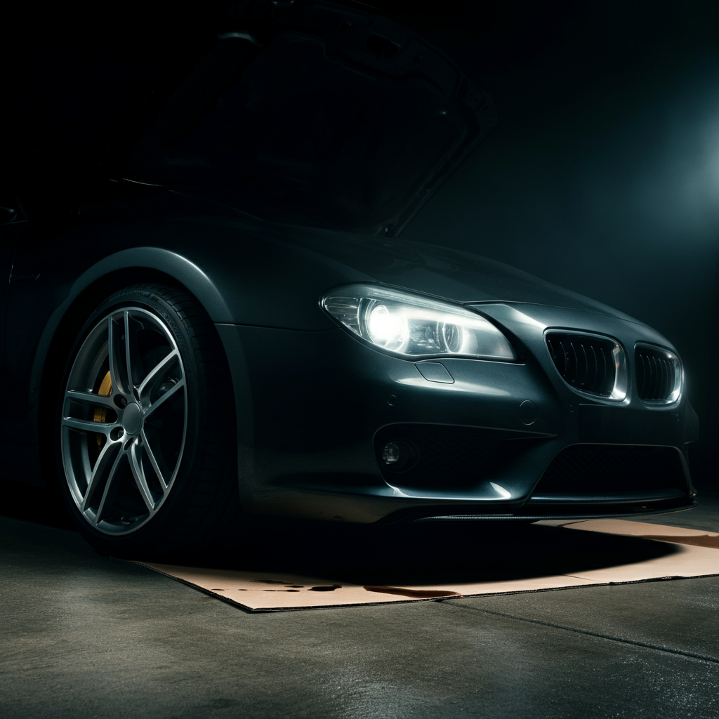 A dark-colored car parked on a clean concrete driveway. A piece of cardboard is placed underneath the engine area, with faint stains of fluid visible on the cardboard. The scene is shot at dusk, with soft, ambient lighting.