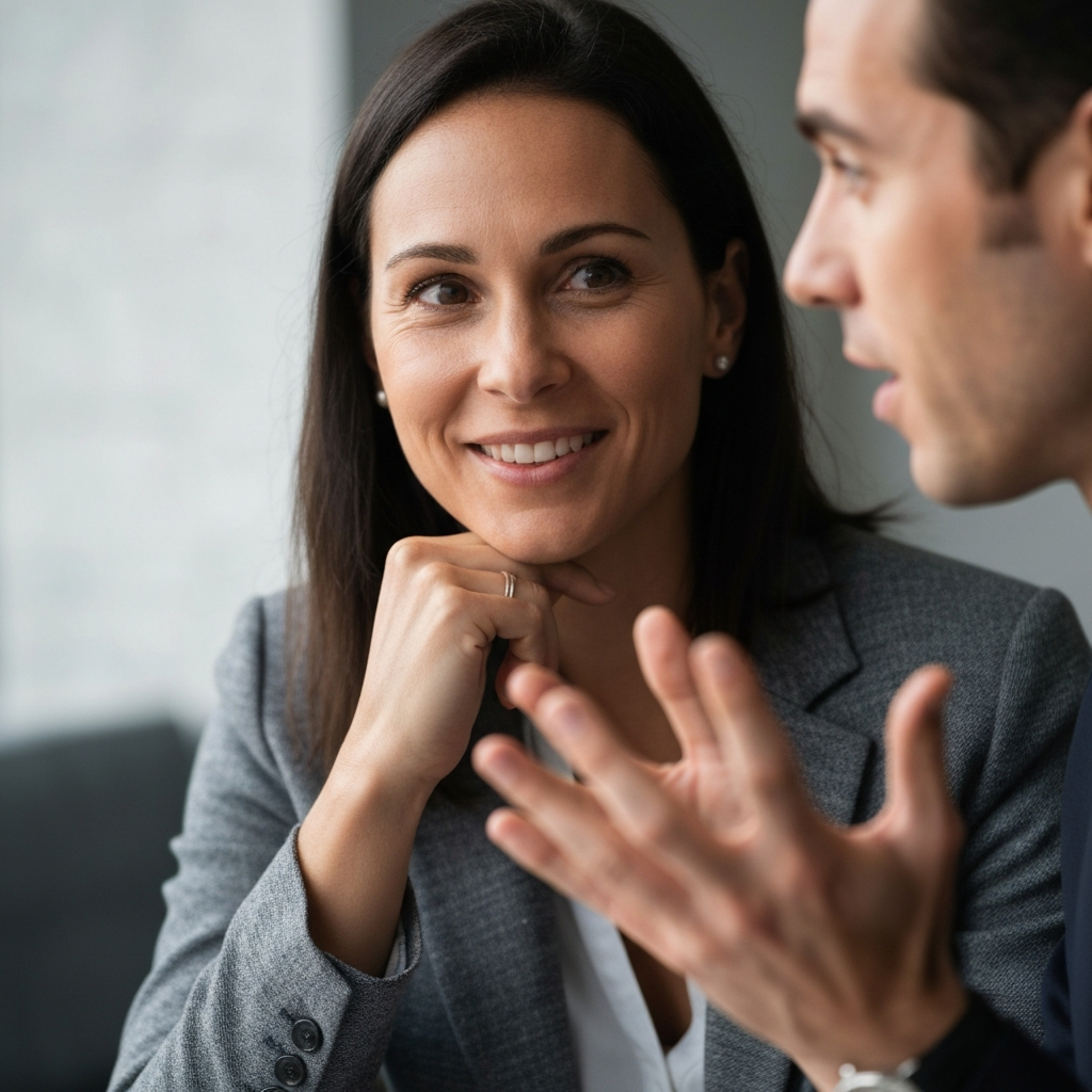 Close-up of two people engaged in a conversation. One person is actively listening with a slight smile, making eye contact. The other person is gesturing with their hands while speaking. Soft focus on the background, highlighting the connection between them.