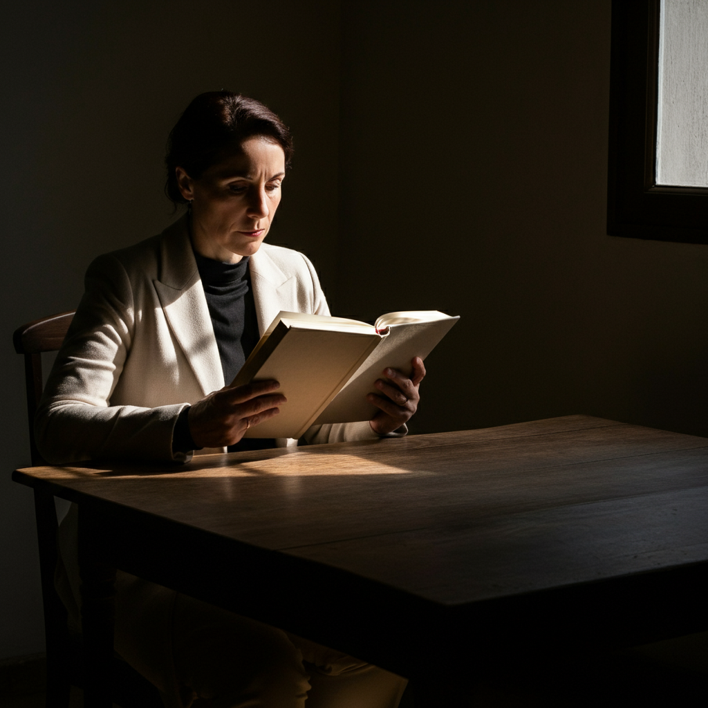 An individual sitting at a desk, illuminated by natural light from a window. They are focused on a book with a determined expression. Subtle texture on the wooden desk and book pages.