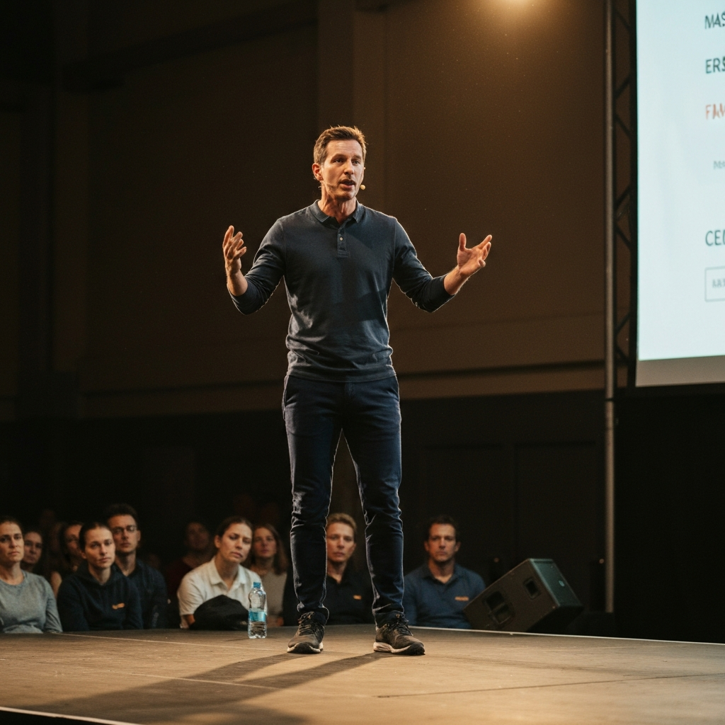 A person standing on a stage, giving a presentation. The stage is well-lit, and the audience is blurred in the background. The speaker is gesturing with confidence and making eye contact with the audience.