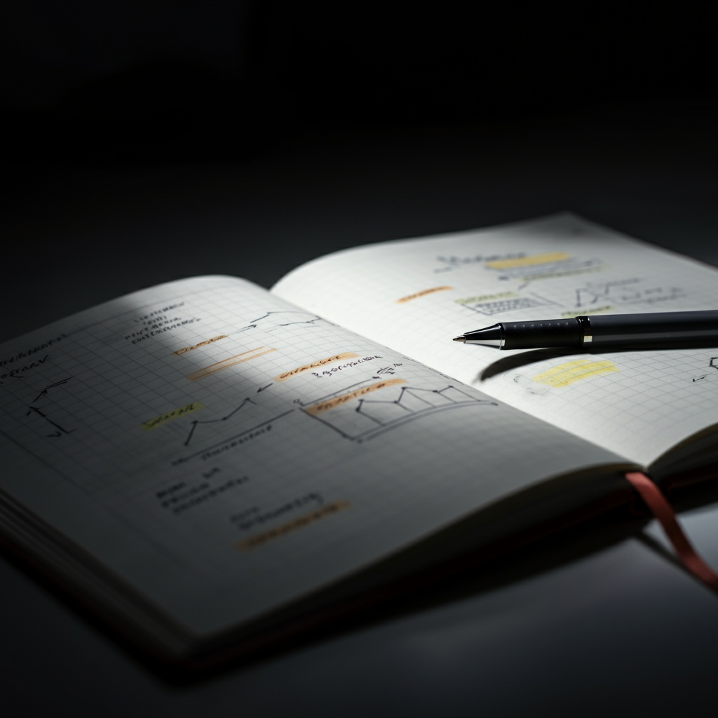 A notebook lying open on a desk, alongside a pen. The notebook contains handwritten notes with diagrams and highlights. Soft, diffused light illuminating the page.