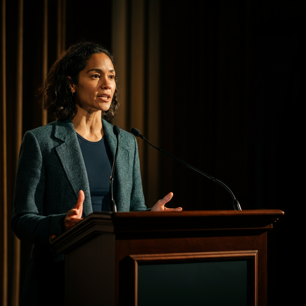 A speaker stands confidently at a podium, addressing an audience. The speaker is dressed professionally. The lighting highlights the speaker's face and gestures. The background is slightly blurred.