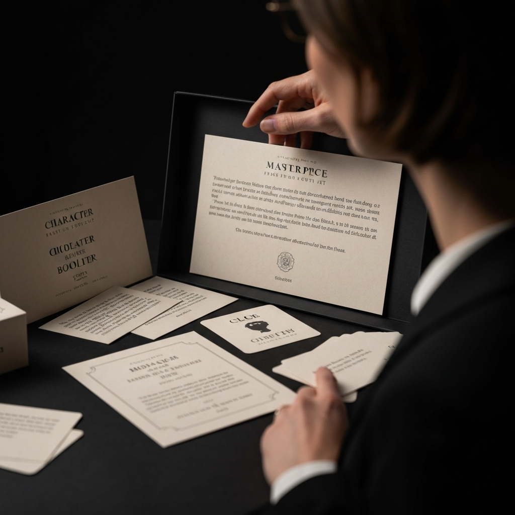 A close-up shot of a beautifully designed murder mystery box set, showing its contents: character booklets, clue cards, and a detailed instruction manual. Soft, diffused lighting highlights the textures of the paper and the intricate artwork. 